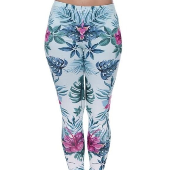 Callie 3D Paradisio: Leggings Floral Plant Graphic Navy & Mint - Picture 4 of 9